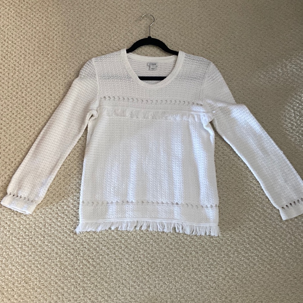JCREW- Cotton Sweater.  White with fringe across chest and bottom.  Like new